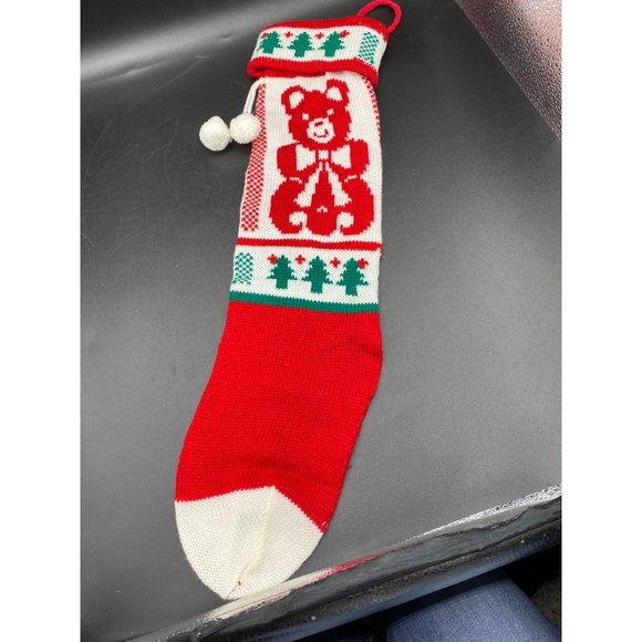 Vintage Teddy Bear Knit Christmas Stocking with pom poms 21" - Picture 10 of 14